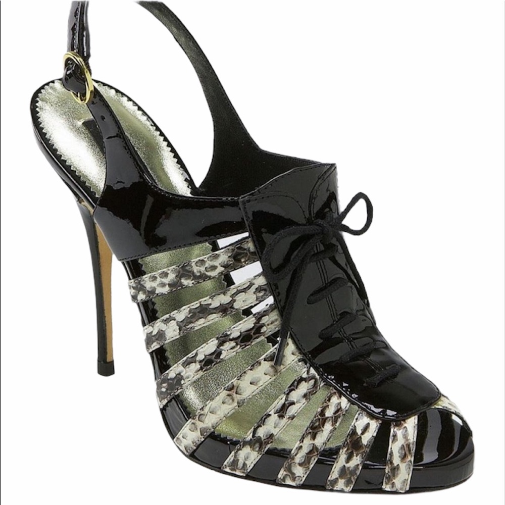 VINCE CAMUTO Valentine black/white snakeskin tie patent leather strappy stilleto
